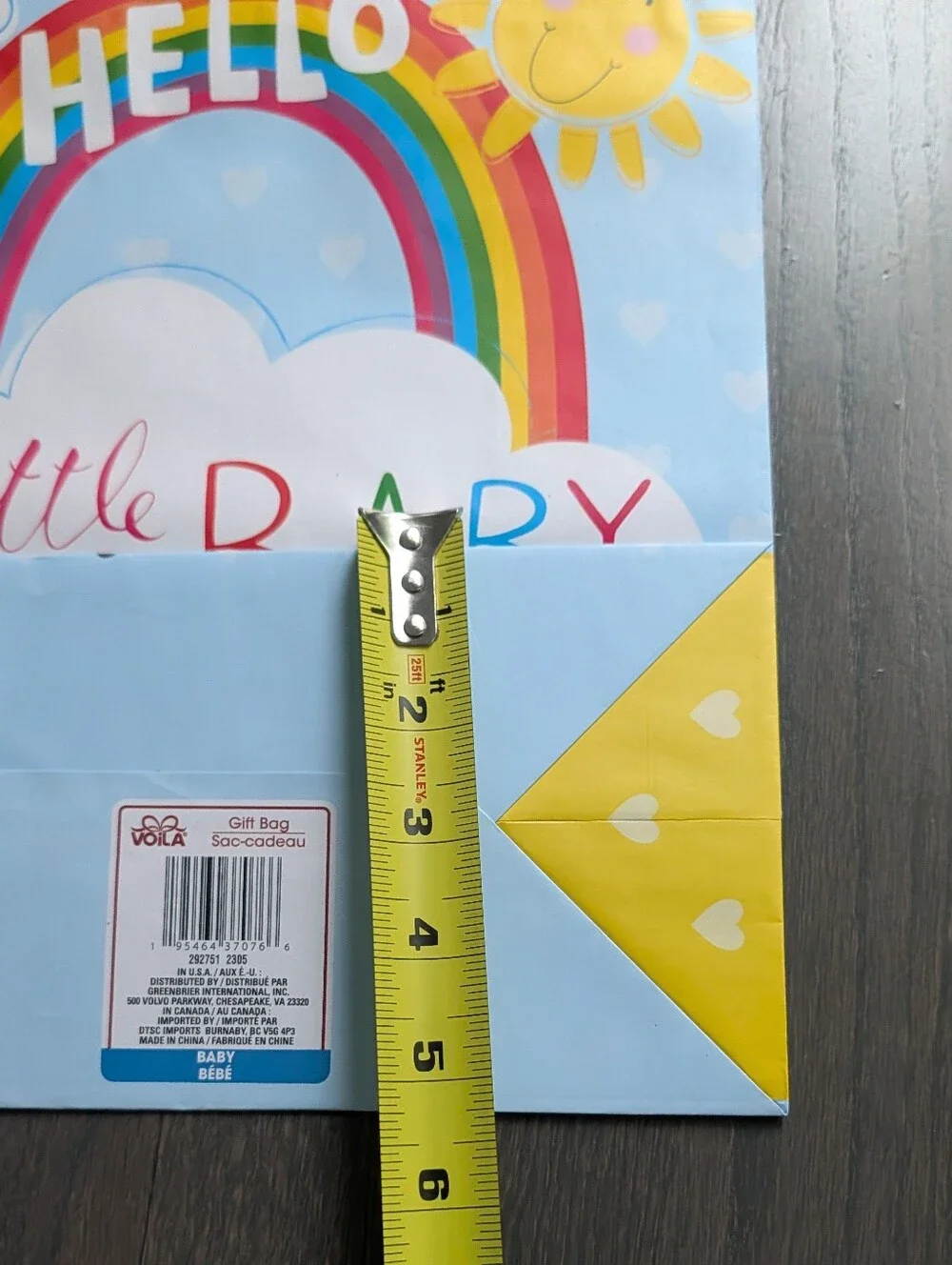 Voila Hello Little Baby Rainbow Paper Gift Bag Large 13x10x5
